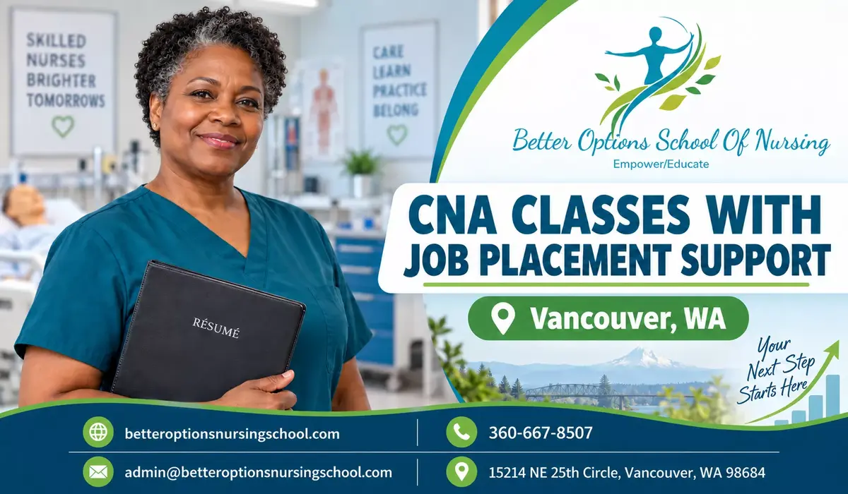 Nursing assistant holding a résumé for CNA classes with job placement support in Vancouver, Washington.