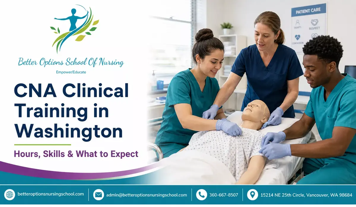 CNA students completing supervised clinical training in Washington with a nurse instructor
