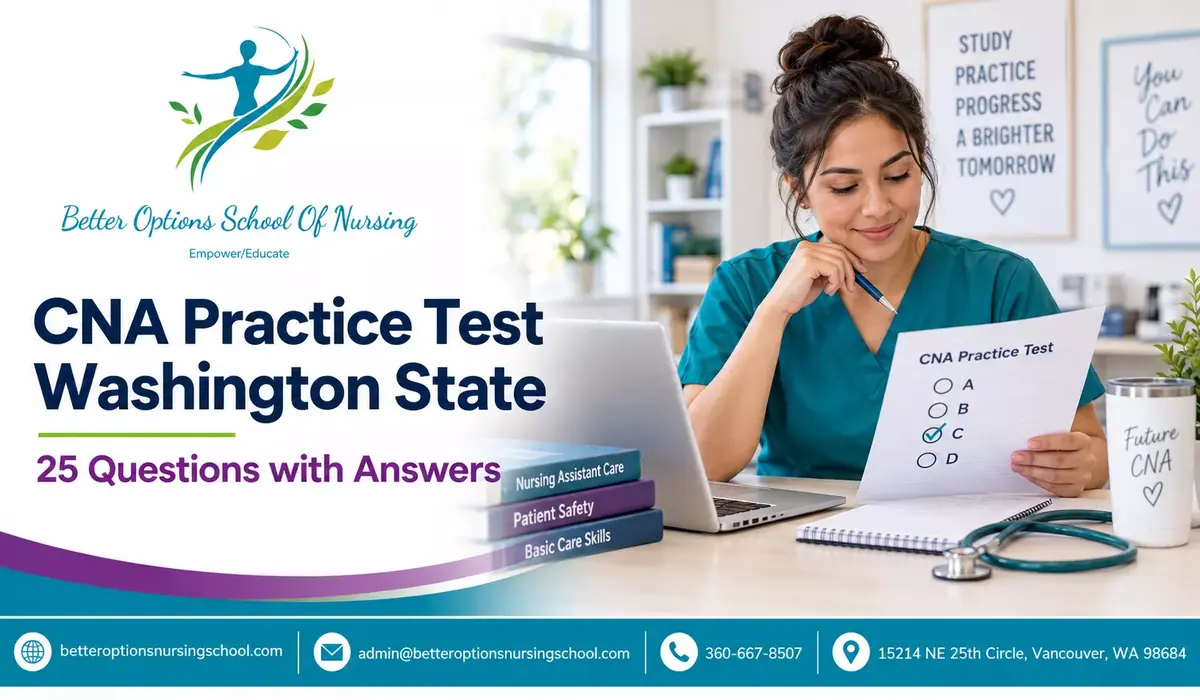 CNA student preparing for a Washington State practice test with 25 questions and answers