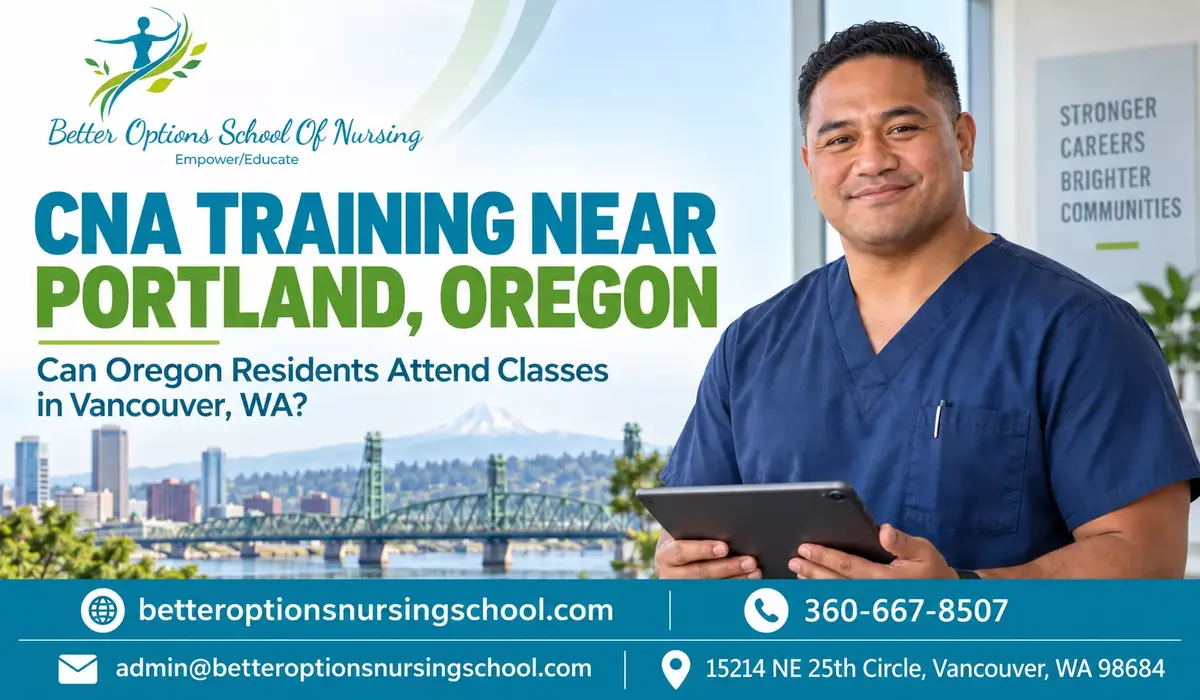 Male nurse representing CNA training near Portland, Oregon, with classes available in Vancouver, Washington.