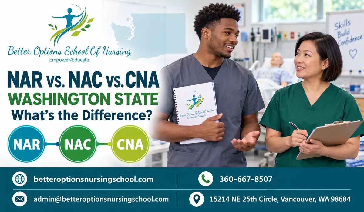 NAR, NAC and CNA comparison for nursing assistant students in Washington State.